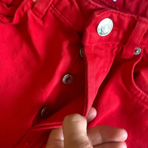 Zara The 90's Full Length Jeans Red Size 4 buttons fly raw ham - Picture 6 of 16